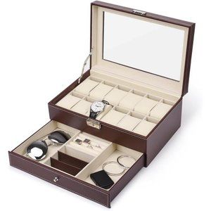 12 Slots Watch Box Mens Watch Organizer PU Leather Case with Jewelry Drawer